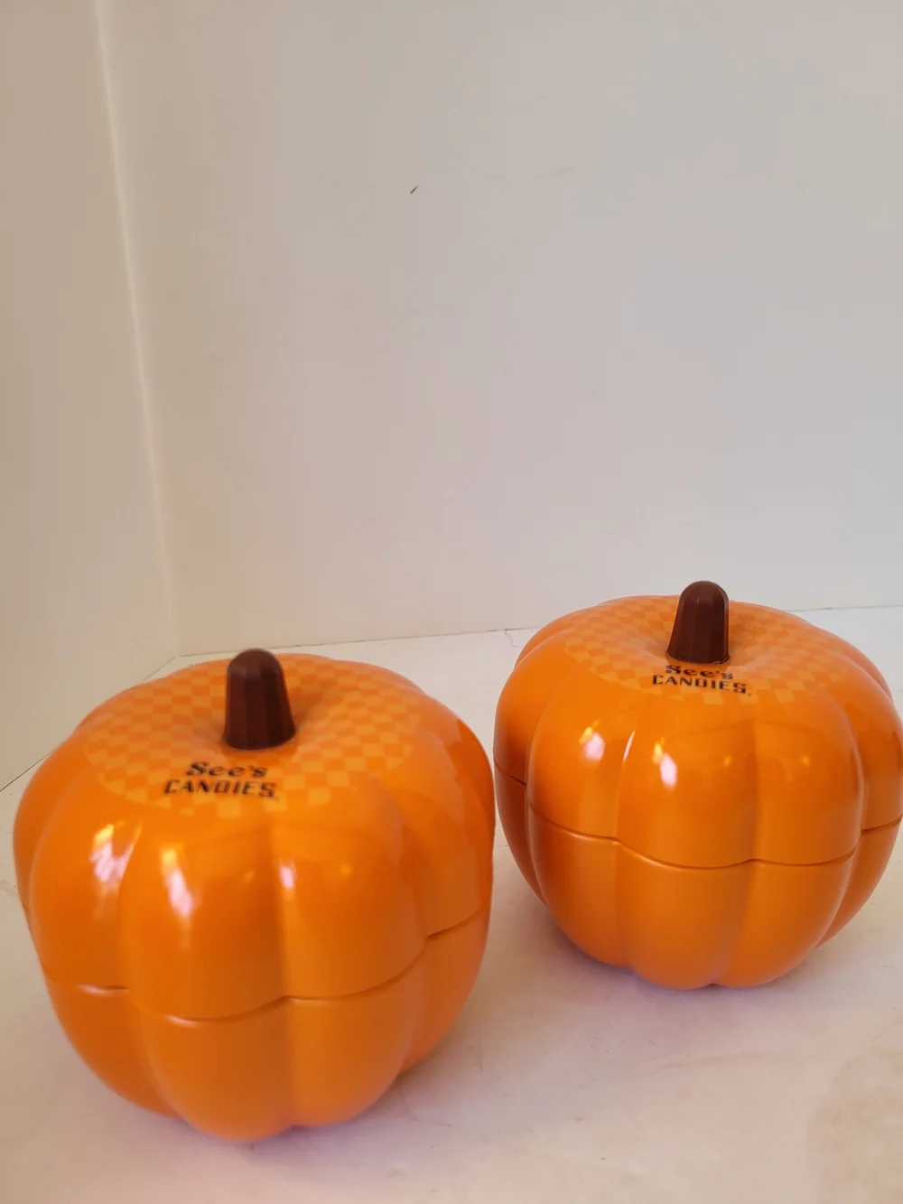 See's Candies Pumpkin Tins - Orange Halloween (NO Candy) 2016 s/2